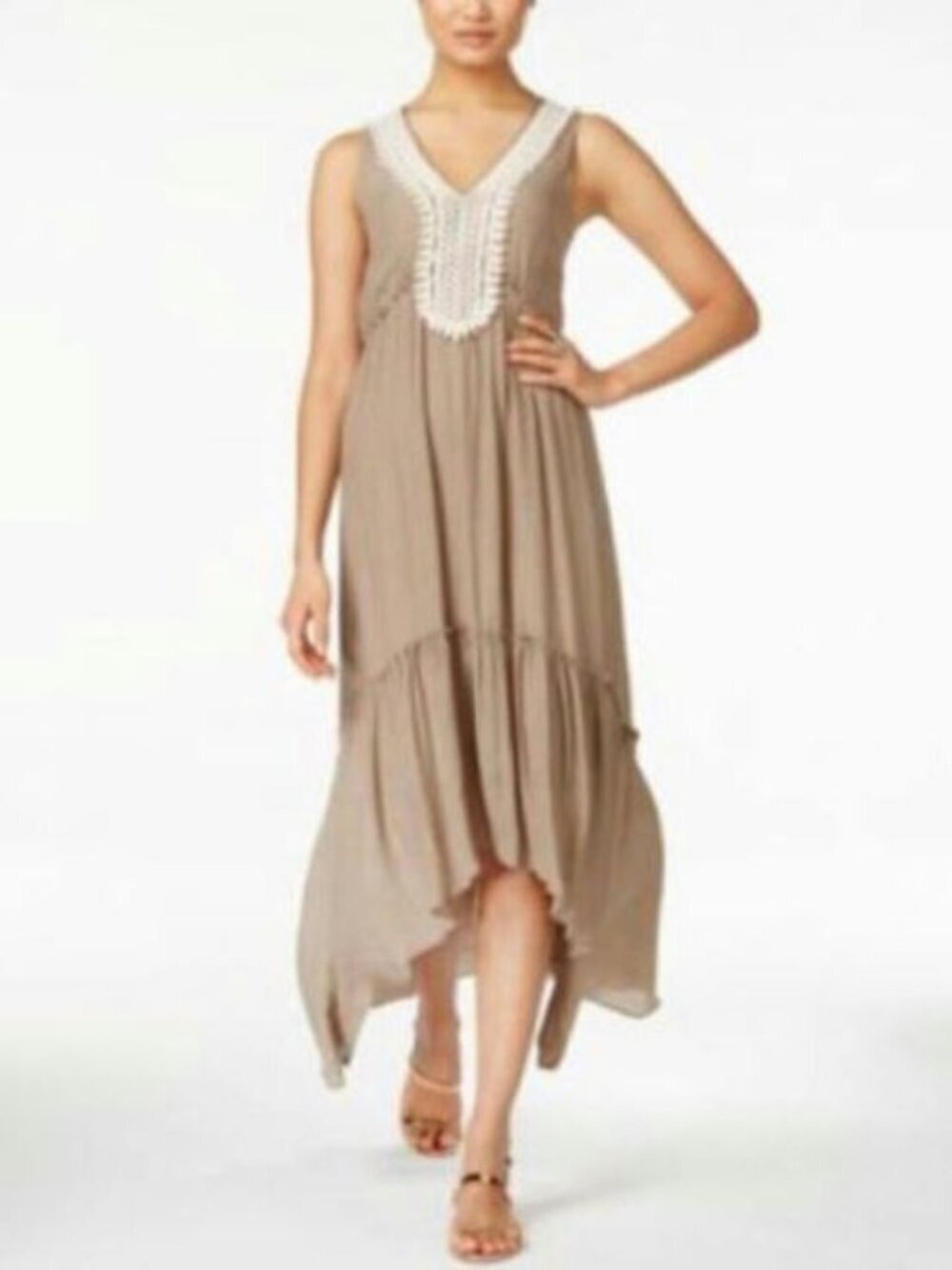 NY Collection Tan High Low Tiered Sleeveless Boho Chic Dress Women Size M